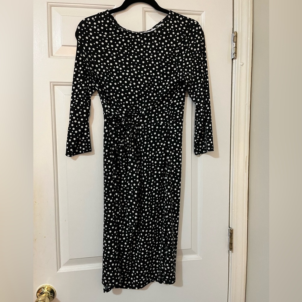 Women’s three quarter sleeve black and white polka dot mock wrap dress